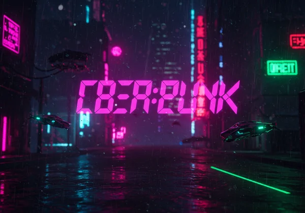 Cyberpunk digital clock with neon text and city background.