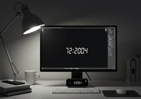 Personalized digital clock on a modern monitor setup.