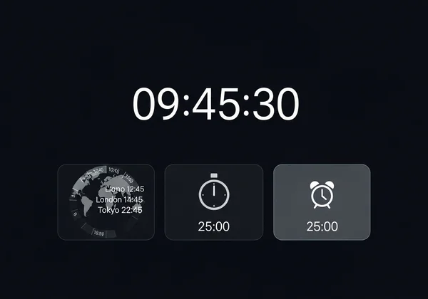 Digital clock with integrated timer, alarm, world clock features