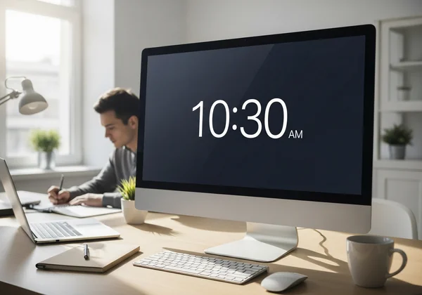 Fullscreen digital clock on a monitor in a productive workspace
