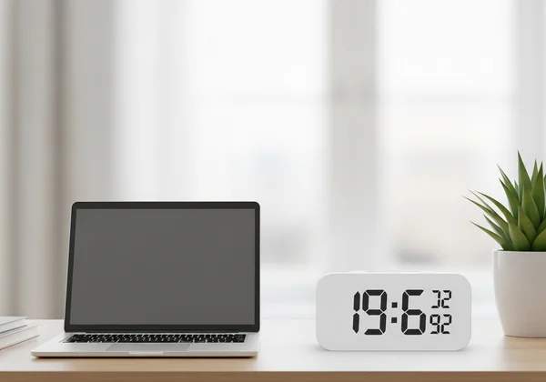 A clean digital clock on a minimalist workspace.